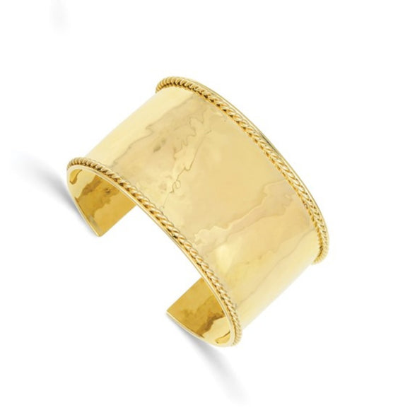 37mm Hammered Cuff Bracelet with Rope Edge Trim in 14K Yellow Gold