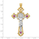 Italian Gold XL Two-Tone Ornate Crucifix with Ruby CZ Accents