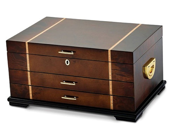Jewelry Chest Meghan Lacquered Rustic Burl Wood with Walnut Inlay - Roxx Fine Jewelry