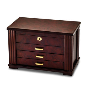 Jewelry Chest "Fallon" Rich Rosewood Burl Wood with Gold Tone Hardware