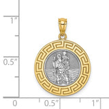 St. Christopher Medal Charm Greek Key Edge Two Tone 14K White and Yellow Gold - Roxx Fine Jewelry