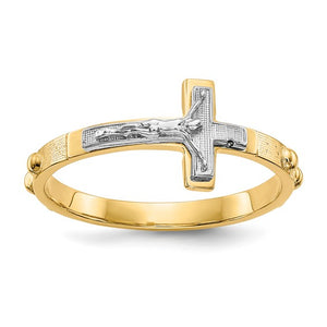 Rosary Ring with Sideways Cross Crucifix in Two-Tone 10K or 14K Gold