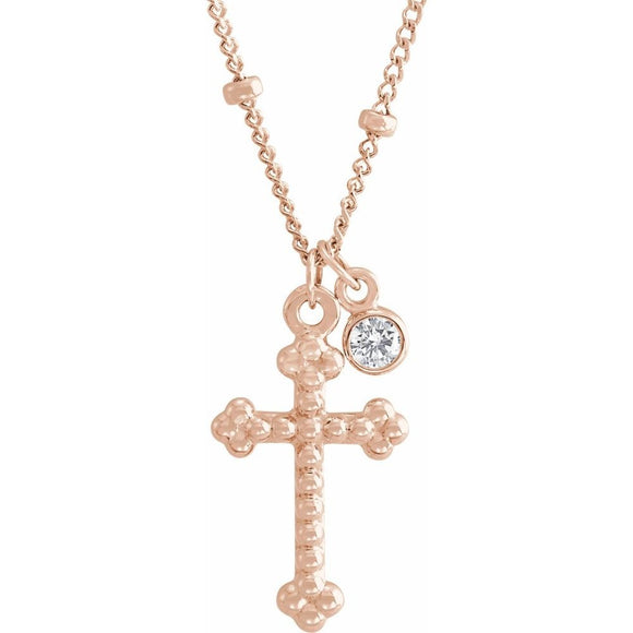 Beaded Cross Necklace with .06 Ct. Diamond Charm in 14K Gold or Sterling Silver