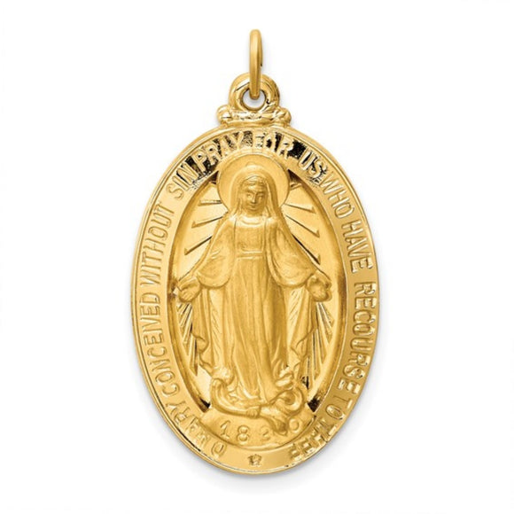 Miraculous Medal Large Oval 32 x 17mm Solid Medal in 14K Yellow Gold