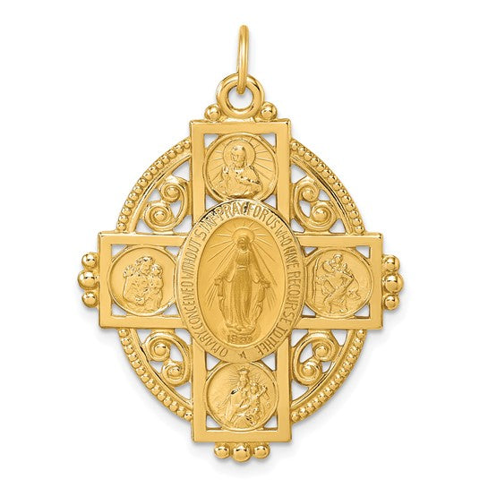 Filigree Framed Four Way Miraculous Medal in 14K Yellow Gold