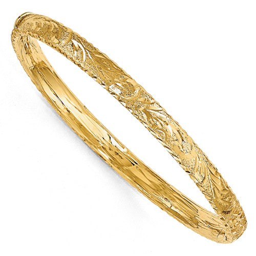 Floral Design 6mm Hinged Bangle Bracelet in 14K Yellow Gold