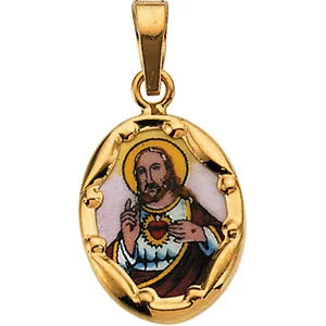 Sacred Heart of Jesus Medal in Painted Porcelain with 14K Yellow Gold Frame