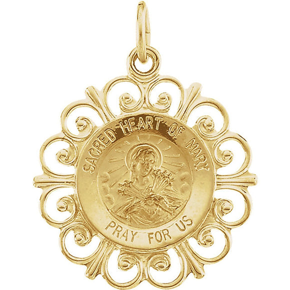 Sacred Heart of Mary Filigree Framed Medal in 14K Yellow Gold - Roxx Fine Jewelry