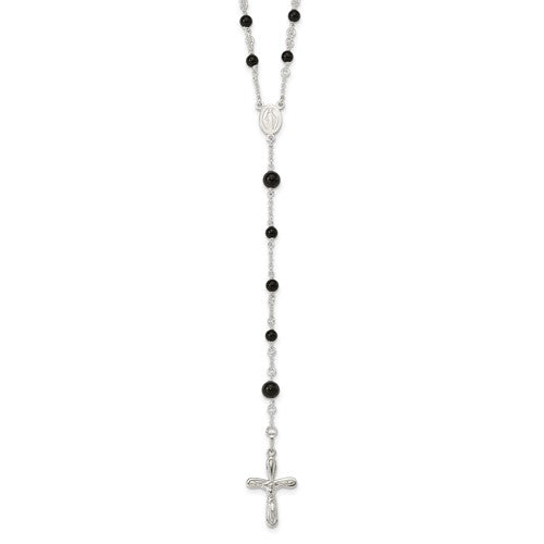 Black Onyx Rosary Necklace in Sterling Silver