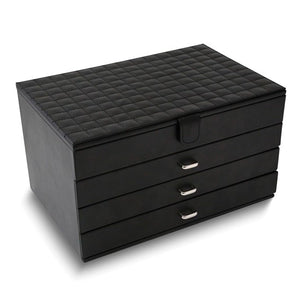 "Corey" Black Leather Jewelry Chest Quilted Top 3 Drawer
