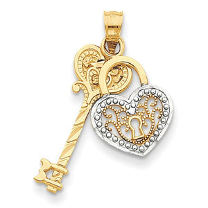 Lock and Key Pendant "Lucia" Heart Shaped Key in 14K White and Yellow Gold - Roxx Fine Jewelry