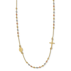Sideways Cross Rosary 18" Necklace in Tri Color 14K Gold