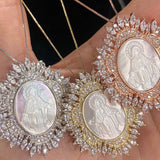 Miraculous Virgin Mary Mother of Pearl and CZ Sunburst Necklace