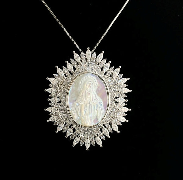 Miraculous Virgin Mary Mother of Pearl and CZ Sunburst Necklace – Roxx Fine  Jewelry