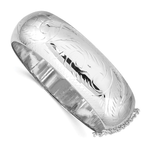 Hinged Bangle Bracelet 20mm Half Round Scroll Engraved in Sterling Silver