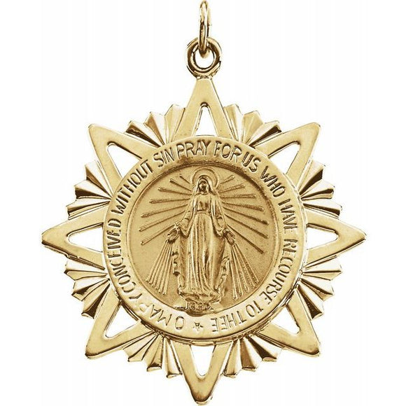 Miraculous Medal 25mm Round with Starburst Frame in 14K Yellow Gold - Roxx Fine Jewelry