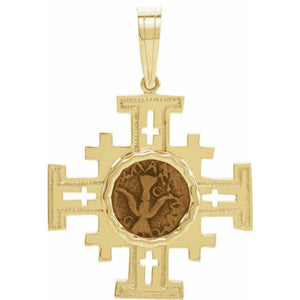 Jerusalem Cross Pendant in 14K Yellow Gold with Widow's Mite Coin Inlay - Roxx Fine Jewelry