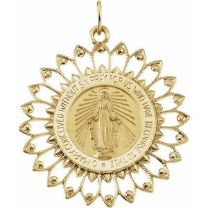 Miraculous Medal 25mm Round with Feather Frame in 14K Yellow Gold - Roxx Fine Jewelry