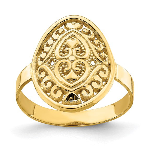 Etruscan Inspired Oval Filigree Shield and Heart Ring in 14K Gold