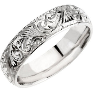 Hand Engraved Band 6mm "Michael" Comfort Fit with Milgrain Edge in 14K White Gold - Roxx Fine Jewelry