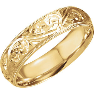 Hand Engraved Band 6mm "Ryan" Comfort Fit Band with Milgrain Edge in 14K Yellow Gold - Roxx Fine Jewelry