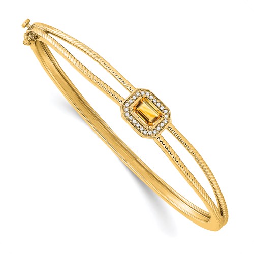 Citrine and Diamond Hinged Bangle Bracelet in 14K Gold