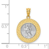 St. Christopher Medal Charm Greek Key Edge Two Tone 14K White and Yellow Gold - Roxx Fine Jewelry
