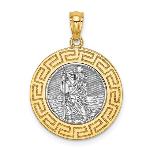 St. Christopher Medal Charm Greek Key Edge Two Tone 14K White and Yellow Gold - Roxx Fine Jewelry