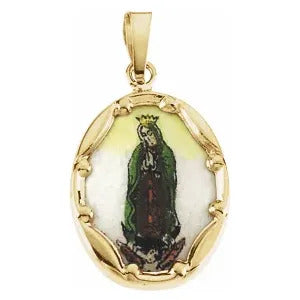 Our Lady of Guadalupe Hand Painted Porcelain in 14K Yellow Gold