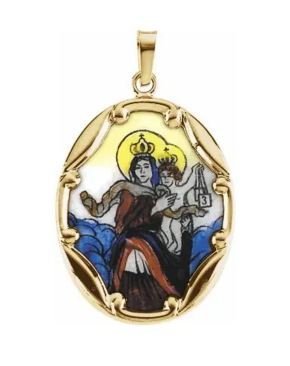 Scapular Medal in Painted Porcelain with 14K Yellow Gold Frame