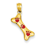 Dog Bone Pendant with Red Paw Prints in 14K Yellow Gold